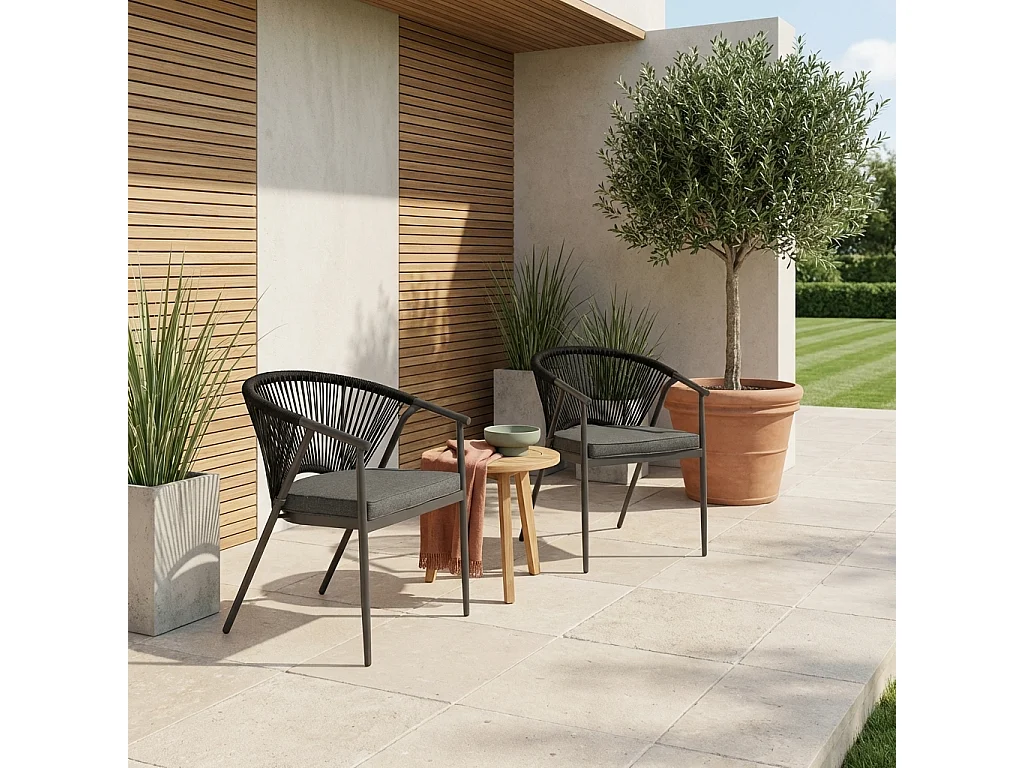 Lot de 2 fauteuils empilables acier et cordes noir - Liora