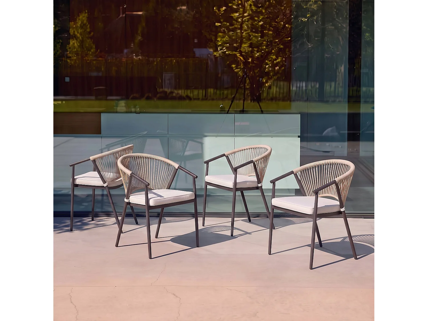 Lot de 4 fauteuils empilables acier et cordes beige - Liora