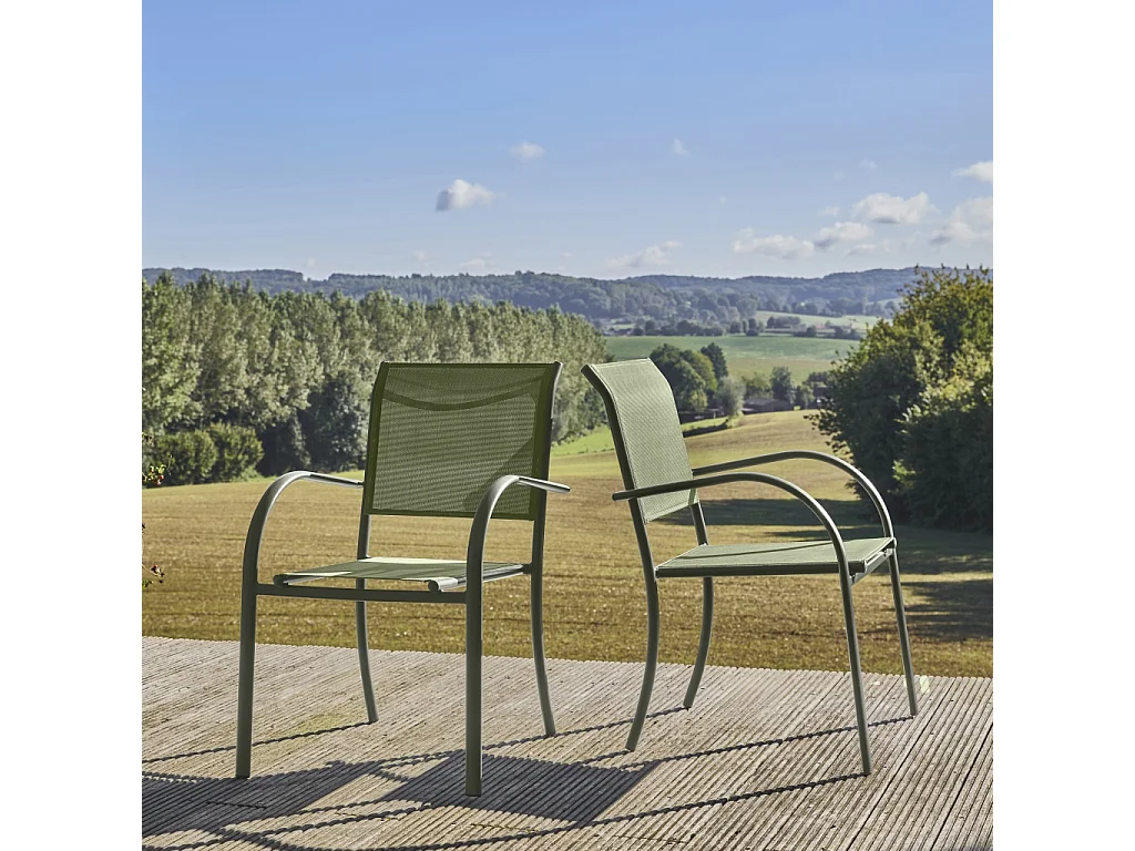 Lot de 2 fauteuils de jardin MILENA en aluminium et textilene kaki. 62 x 55 x 84 cm