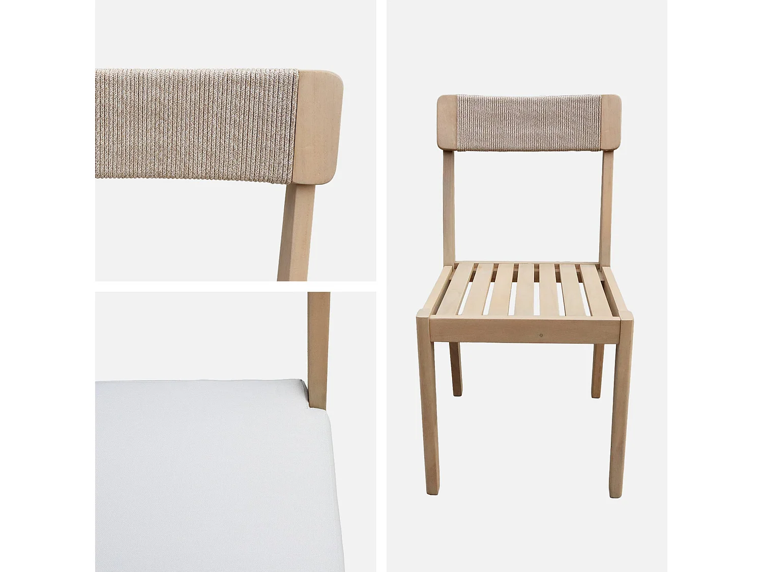 Set 4 sedie da giardino in acacia e corda, marrone naturale
