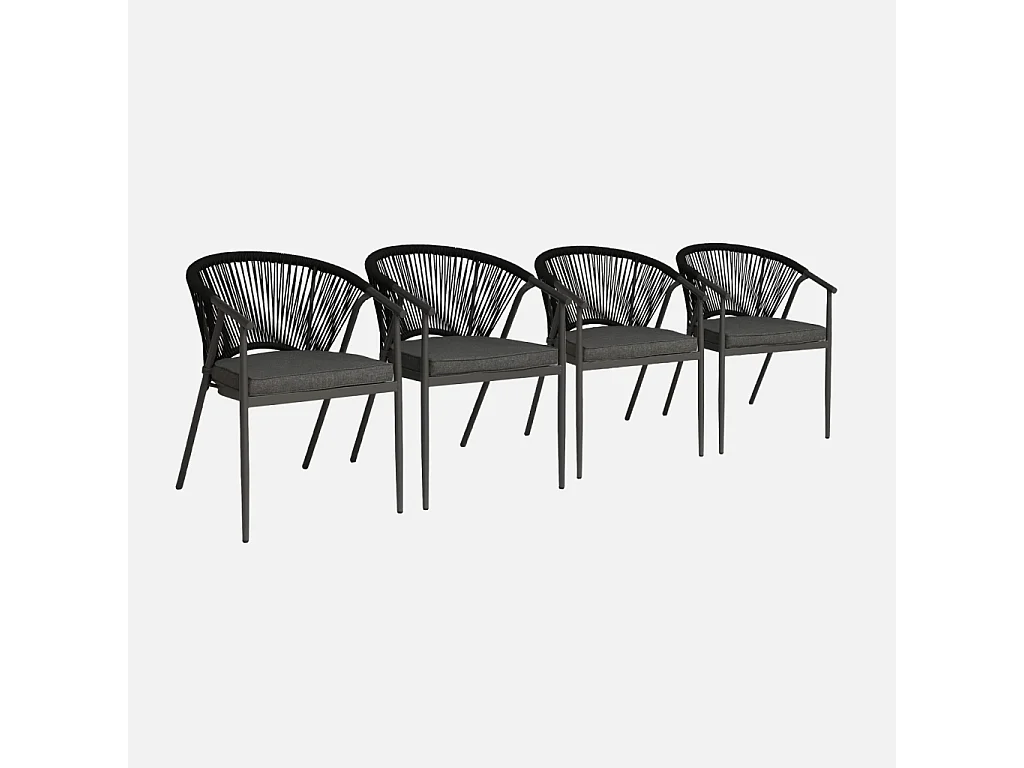 Lot de 4 fauteuils empilables acier et cordes noir - Liora