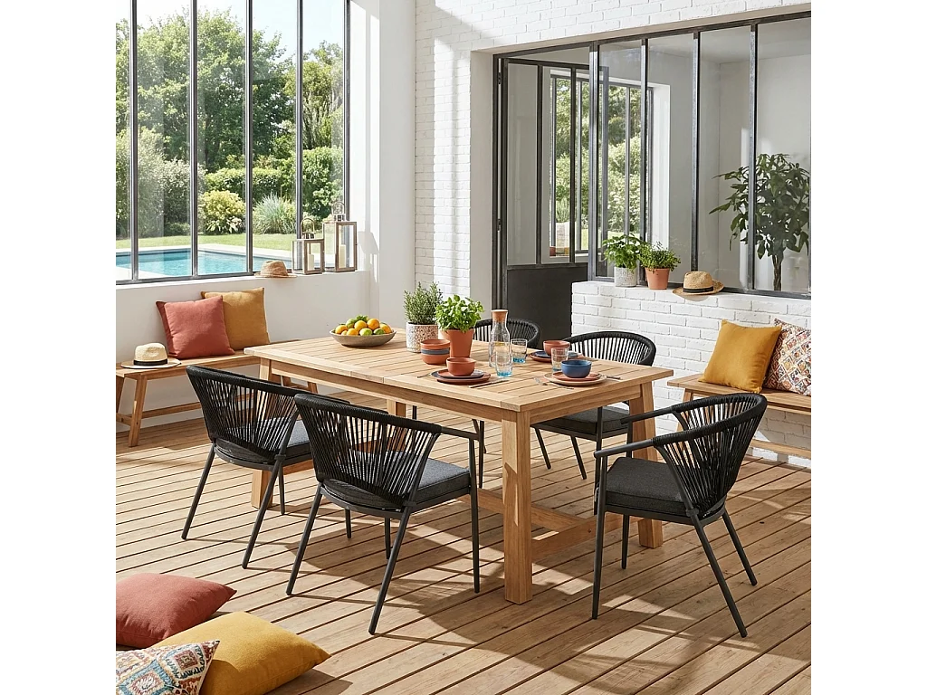 Lot de 4 fauteuils empilables acier et cordes noir - Liora