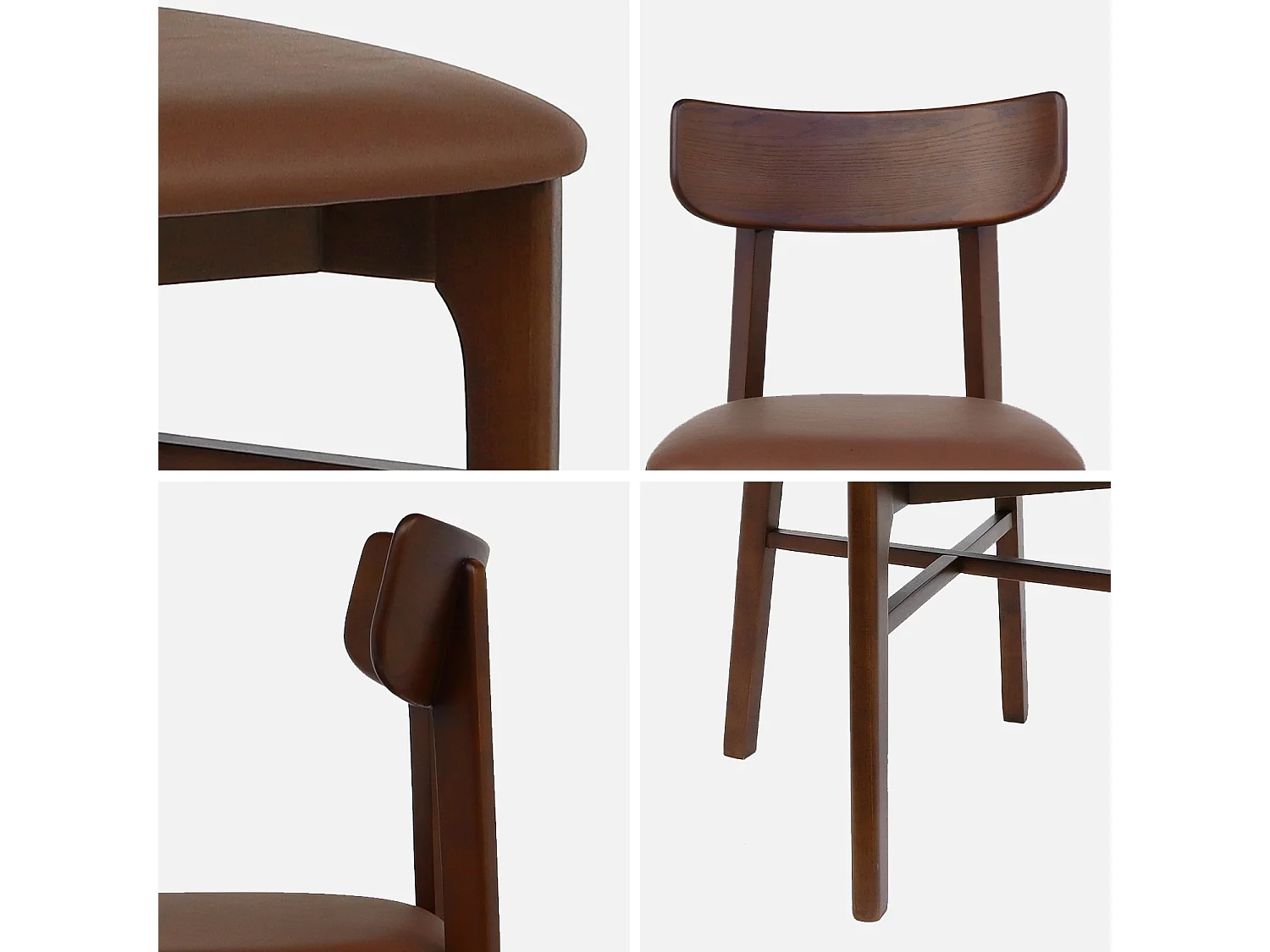 Lot de 2 chaises bois d'hévéa et assise simili cuir marron. vintage. L 45 x P 48 x H 81cm