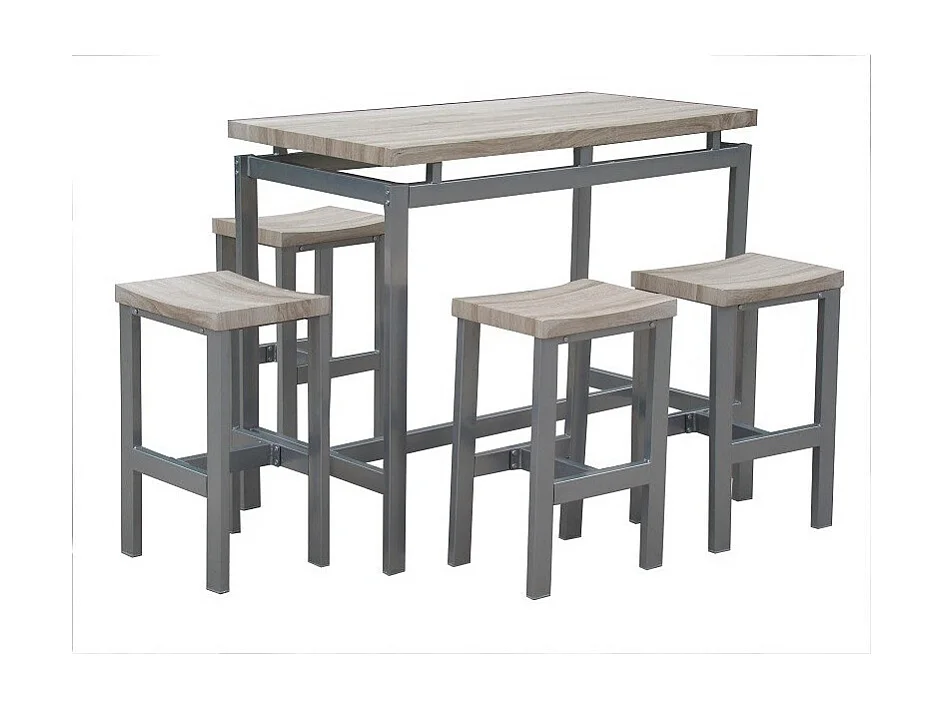 Hochtisch-Set, Bar + 4 Hocker LE MANS. Modernes Set im Industriestil, Holz und Metall.