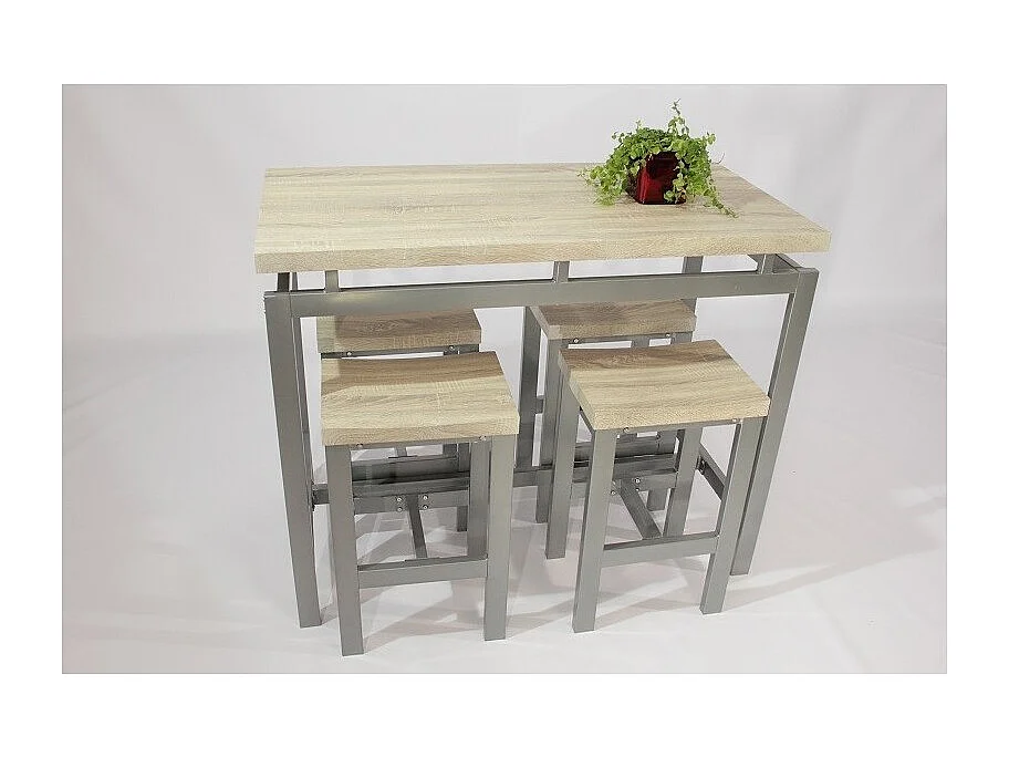 Hochtisch-Set, Bar + 4 Hocker LE MANS. Modernes Set im Industriestil, Holz und Metall.