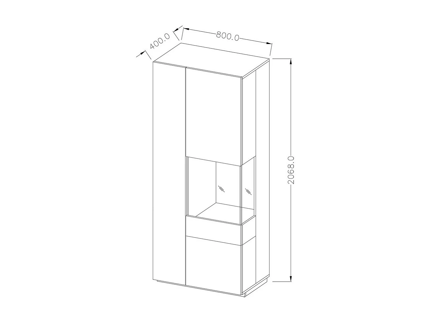 Vitrinenschrank KILES in Anthrazitgrau und Eiche. Modell mit Vitrine rechts