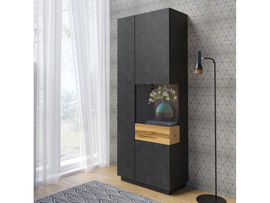 Vitrinenschrank KILES in Anthrazitgrau und Eiche. Modell mit Vitrine rechts