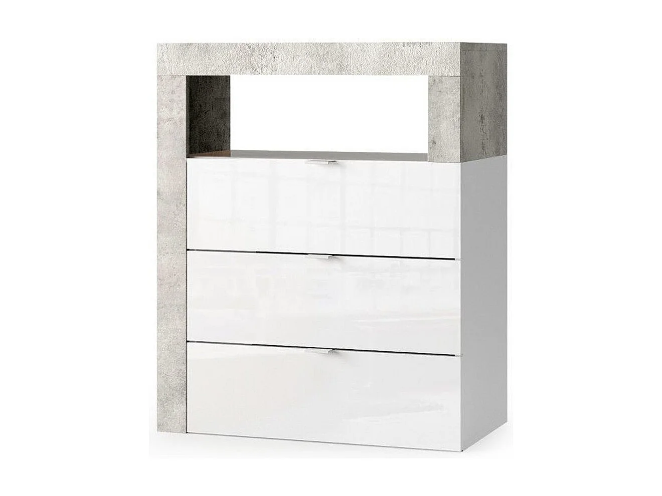 Commode de salle de bains BURA – 3 tiroirs – L64 cm – Blanc brillant laqué et gris aspect béton
