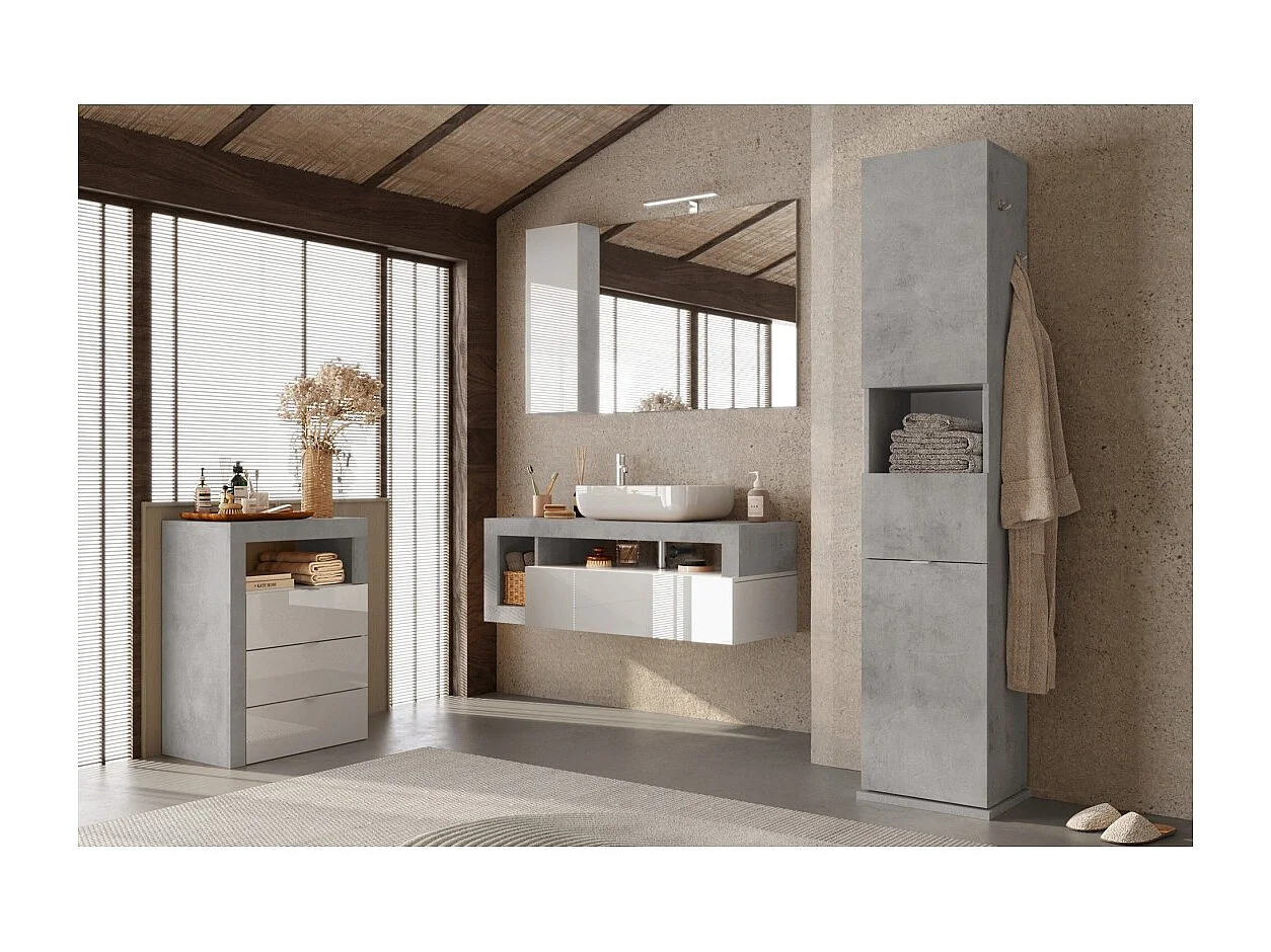 Commode de salle de bains BURA – 3 tiroirs – L64 cm – Blanc brillant laqué et gris aspect béton