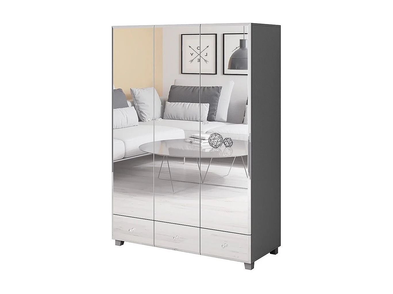 Schrank mit Spiegelfront aus der Kollektion LIVORA. 3 Türen und 3 Schubladen