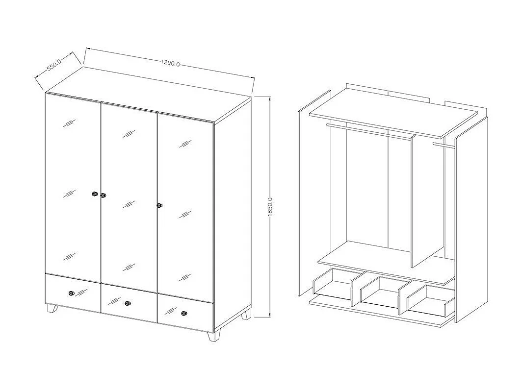 Schrank mit Spiegelfront aus der Kollektion LIVORA. 3 Türen und 3 Schubladen
