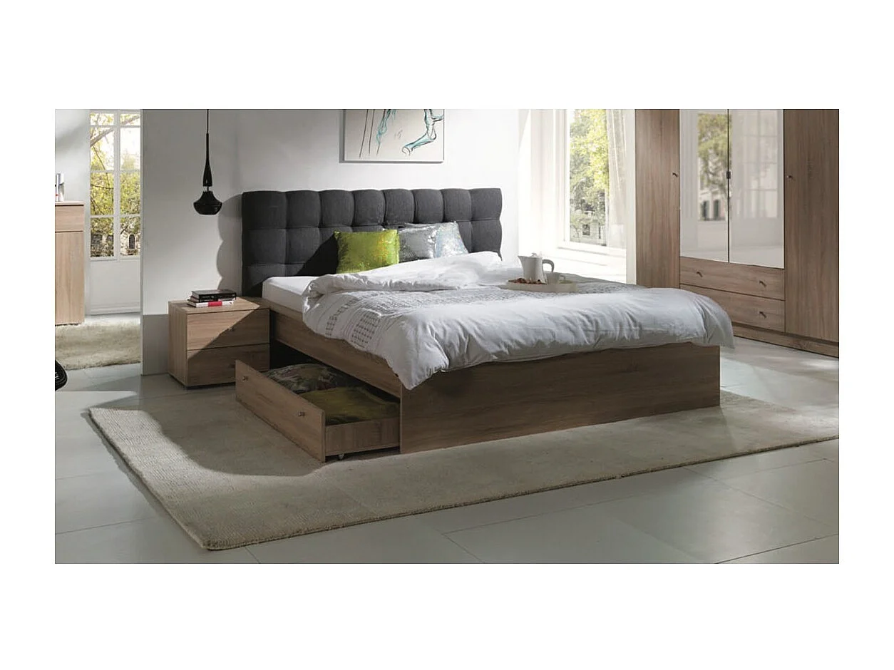 Bettset 160x200 mit Lattenrost, Schublade und Nachttischen – Sonoma-Eiche – Designbett mit Stauraum