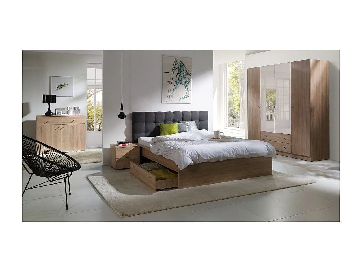 Bettset 160x200 mit Lattenrost, Schublade und Nachttischen – Sonoma-Eiche – Designbett mit Stauraum