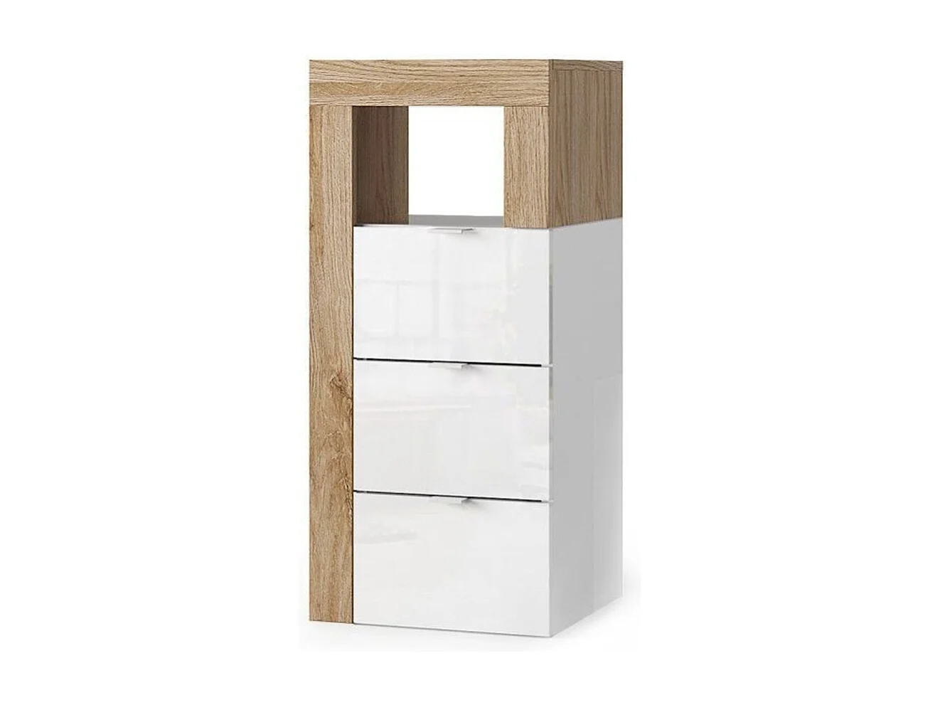 Kommode BURA – 3 Schubladen – L35 cm – Hochglanz Weiß und helles Eichenholz – Modernes Design