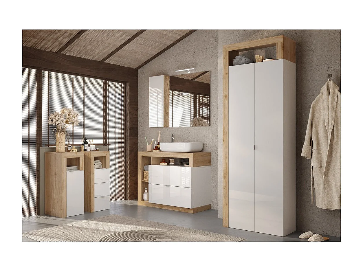 Kommode BURA – 3 Schubladen – L35 cm – Hochglanz Weiß und helles Eichenholz – Modernes Design