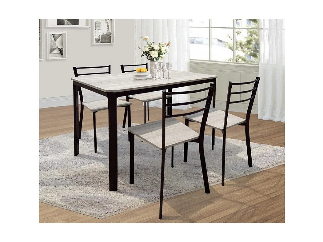 Essgruppe LEEDS in Schwarz mit Bronze-Finish + 4 Stühle – Industriestil Holz und Metall