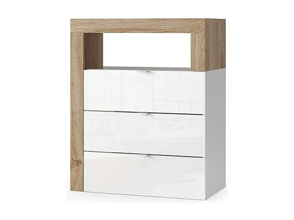 Commode de salle de bains large 64cm, 3 tiroirs, collection BURA. Coloris blanc brillant laqué et chêne clair