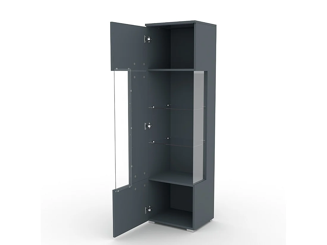 Design-Hochvitrine mit Beleuchtung aus der Kollektion BOMBAY. Farbe glänzendes Grau. Türanschlag links.