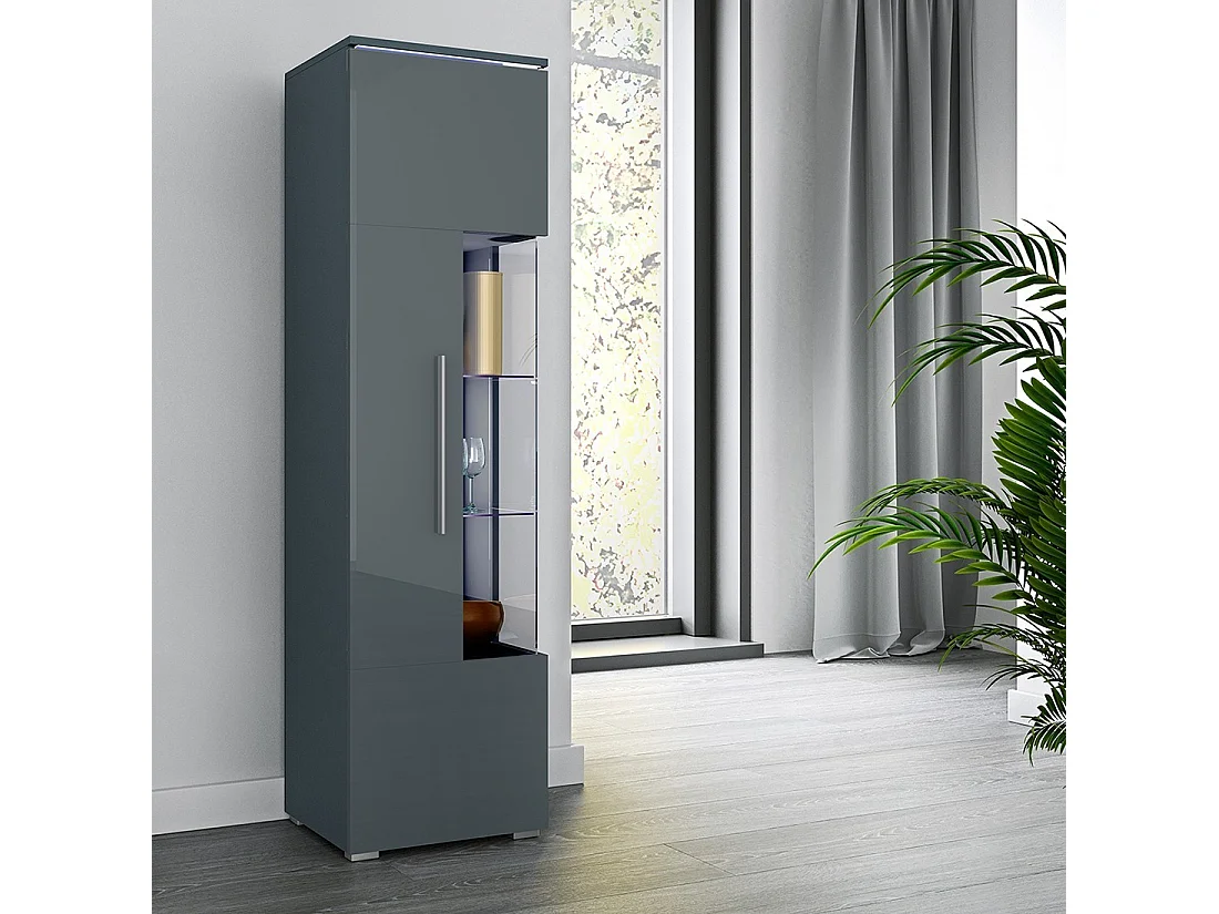Design-Hochvitrine mit Beleuchtung aus der Kollektion BOMBAY. Farbe glänzendes Grau. Türanschlag links.