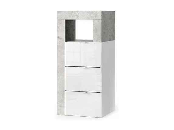 Comò da bagno BURA – 3 cassetti – L35 cm – Bianco lucido laccato e grigio effetto cemento
