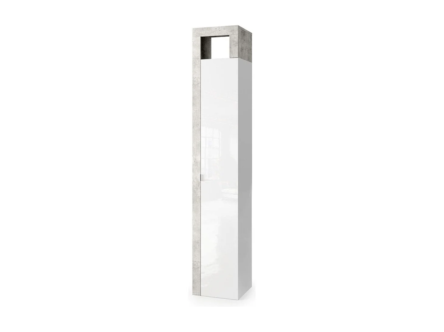 Armoire 1 porte 5 étagères, collection BURA. Coloris blanc brillant laqué et gris aspect béton