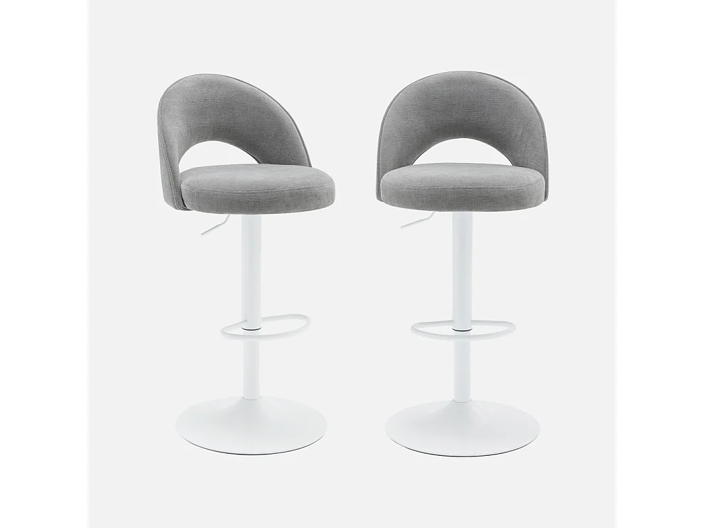 Taburete de bar ajustable de metal y tela con base blanca, set de 2