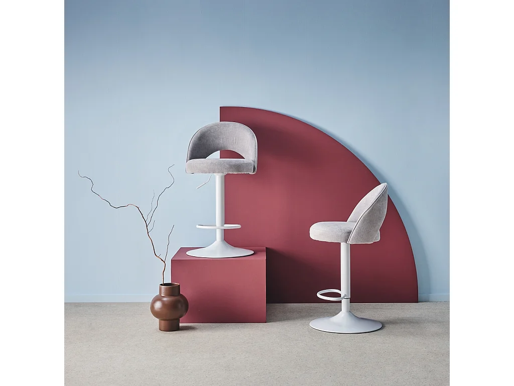 Taburete de bar ajustable de metal y tela con base blanca, set de 2