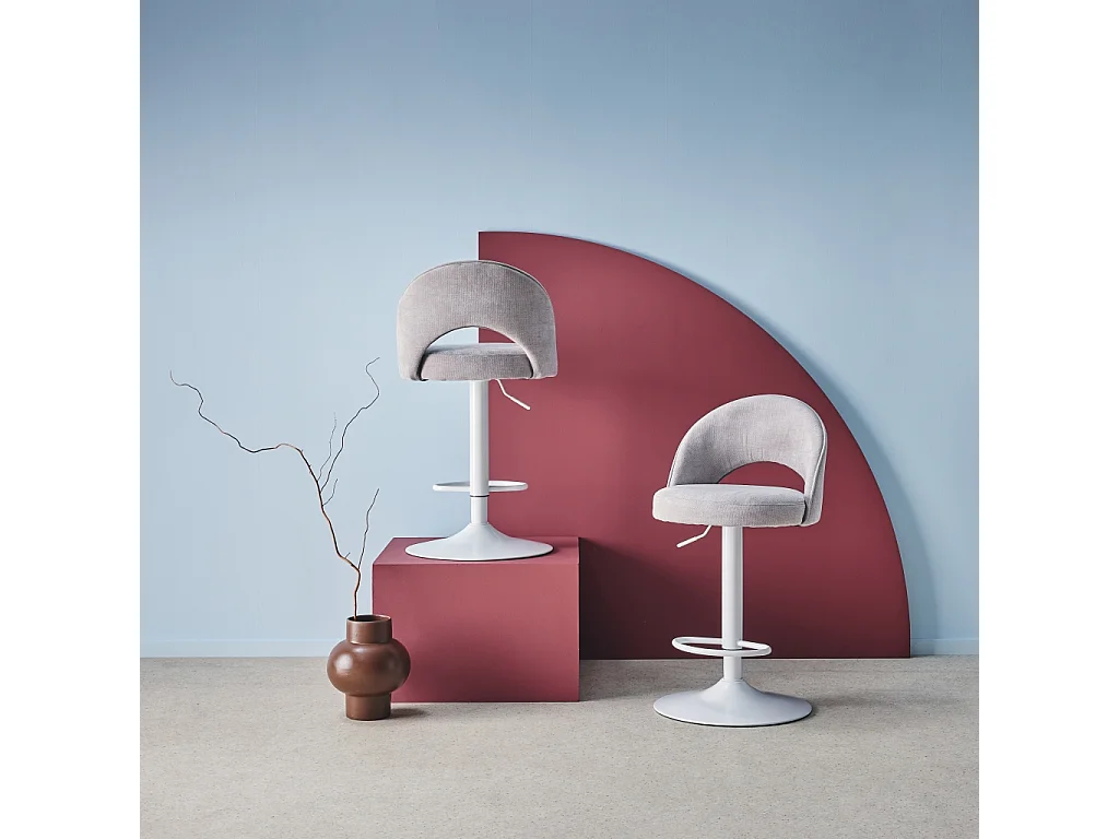 Taburete de bar ajustable de metal y tela con base blanca, set de 2