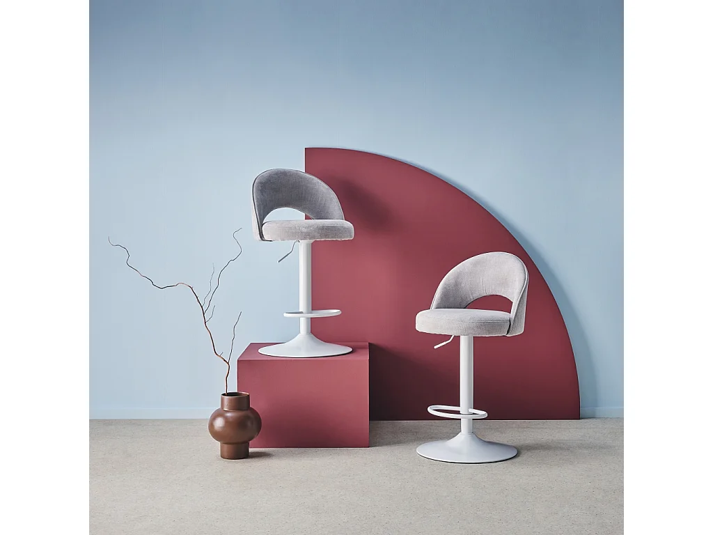 Taburete de bar ajustable de metal y tela con base blanca, set de 2