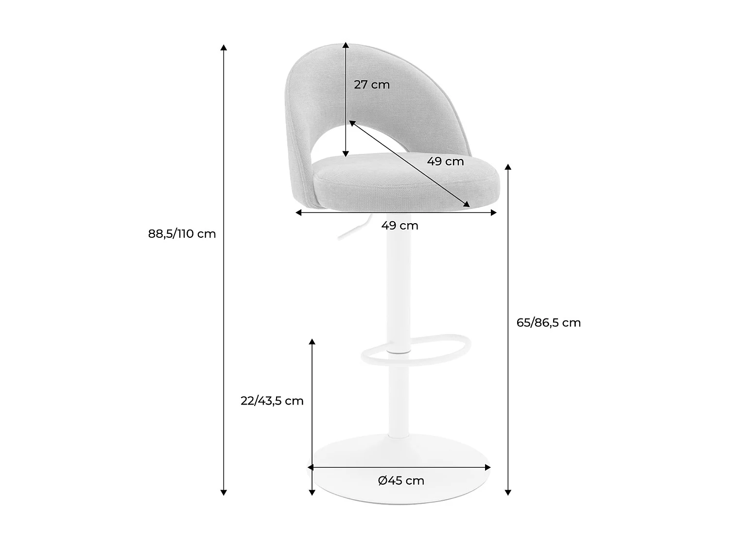 Taburete de bar ajustable de metal y tela con base blanca, set de 2