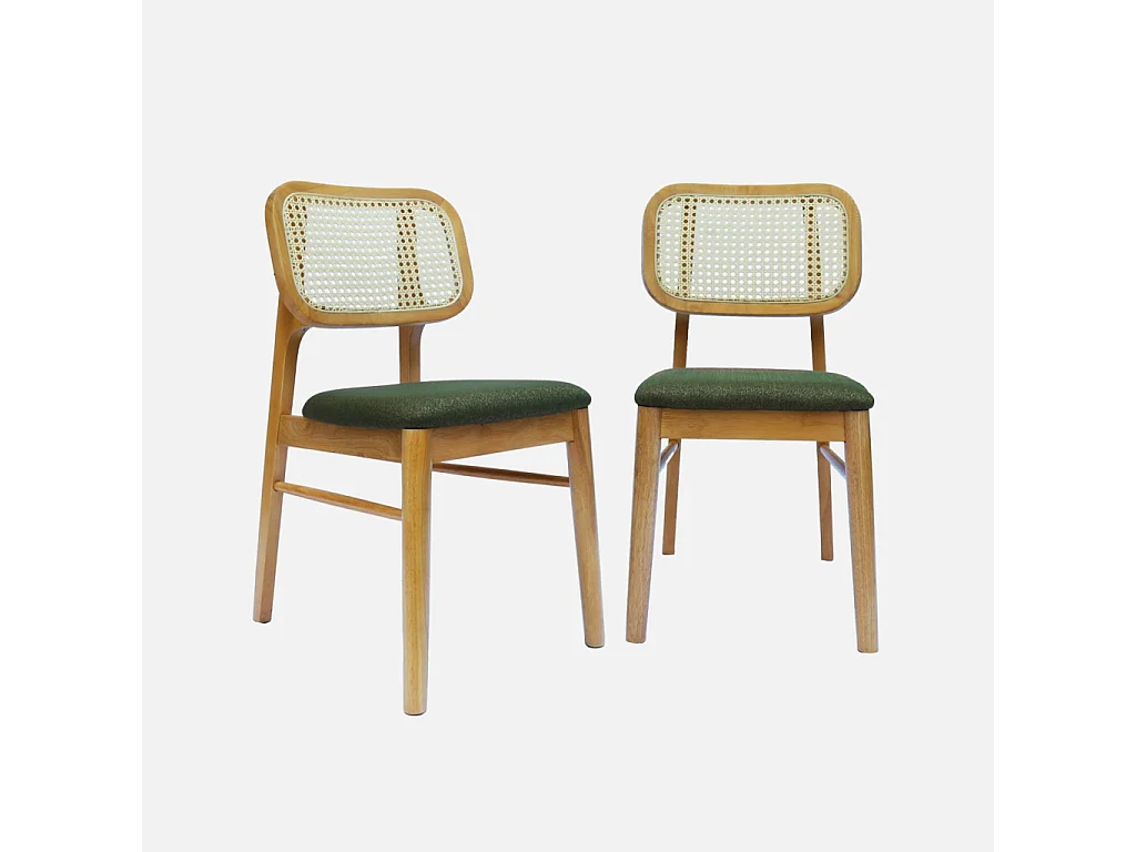 Set 2 sedie bohemien in legno di hevea e impagliatura, verde kaki