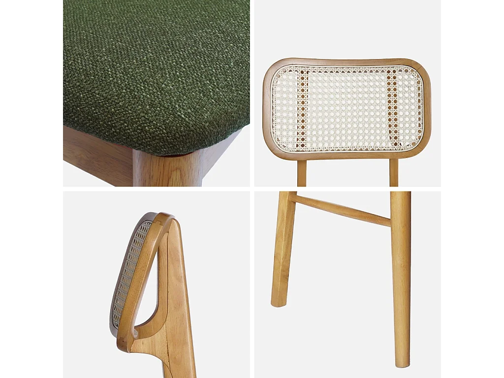 Set 2 sedie bohemien in legno di hevea e impagliatura, verde kaki