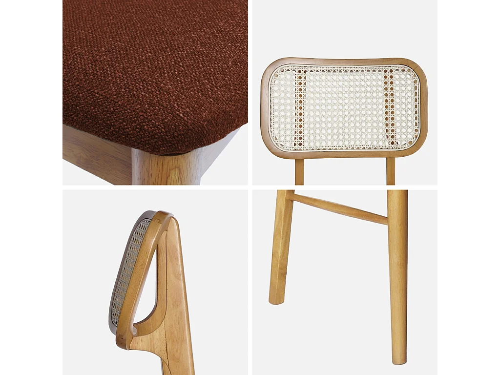 Set 2 sedie bohemien in legno di hevea e impagliatura, terracotta