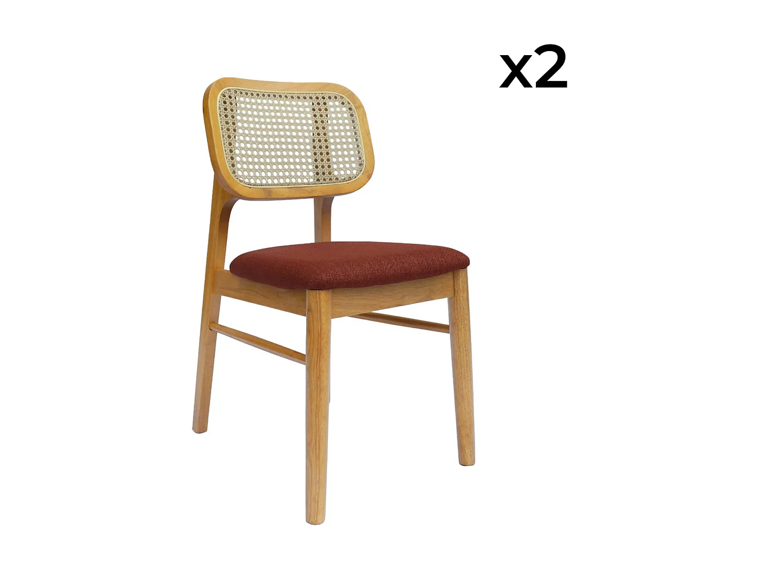 Set 2 sedie bohemien in legno di hevea e impagliatura, terracotta