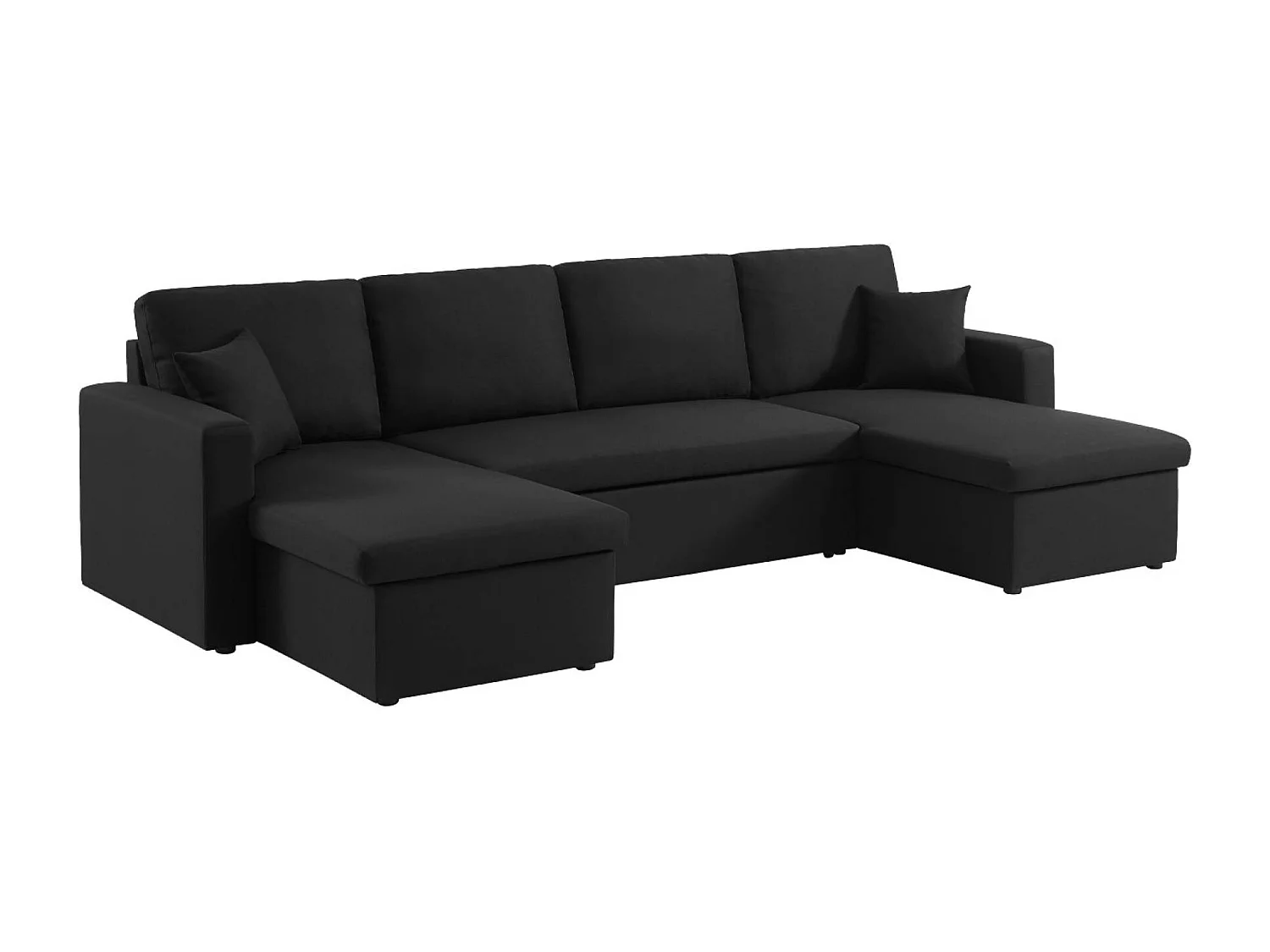 Canapé panoramique convertible en tissu noir. 4 places. coffre rangement. lit modulable