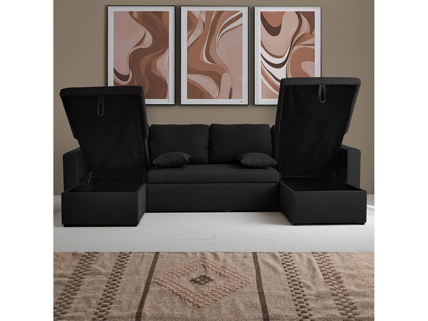 Canapé panoramique convertible en tissu noir. 4 places. coffre rangement. lit modulable