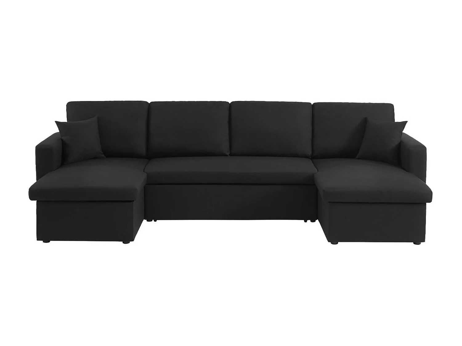 Canapé panoramique convertible en tissu noir. 4 places. coffre rangement. lit modulable