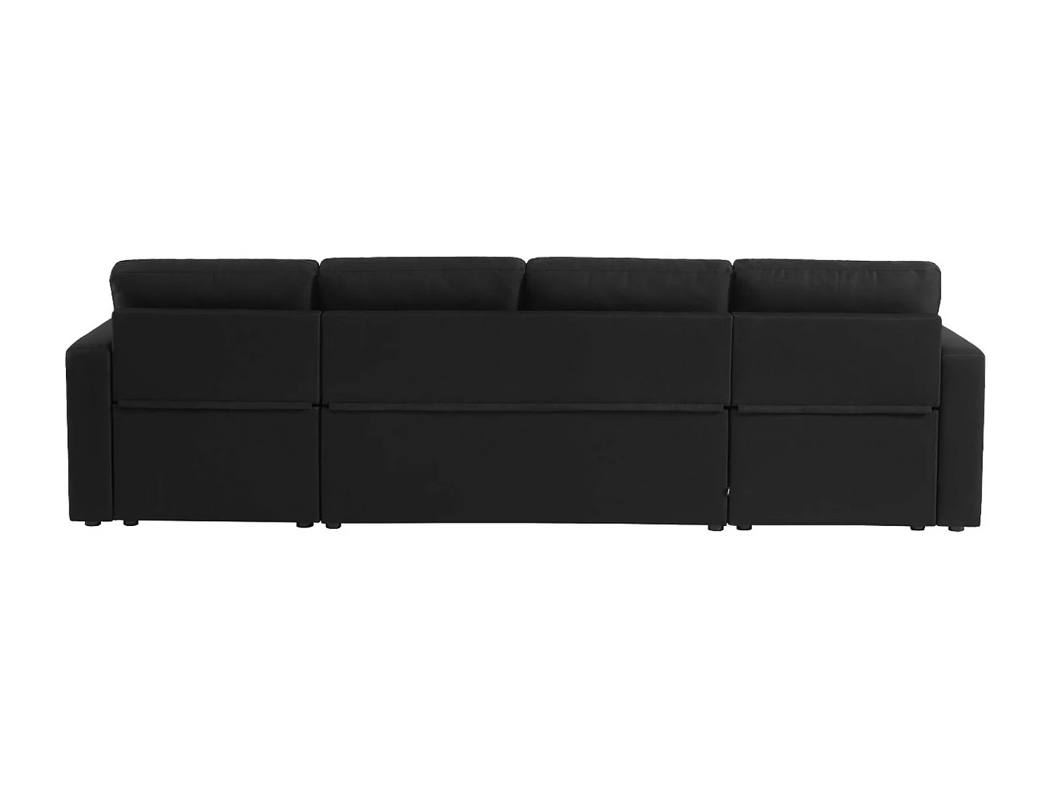 Canapé panoramique convertible en tissu noir. 4 places. coffre rangement. lit modulable