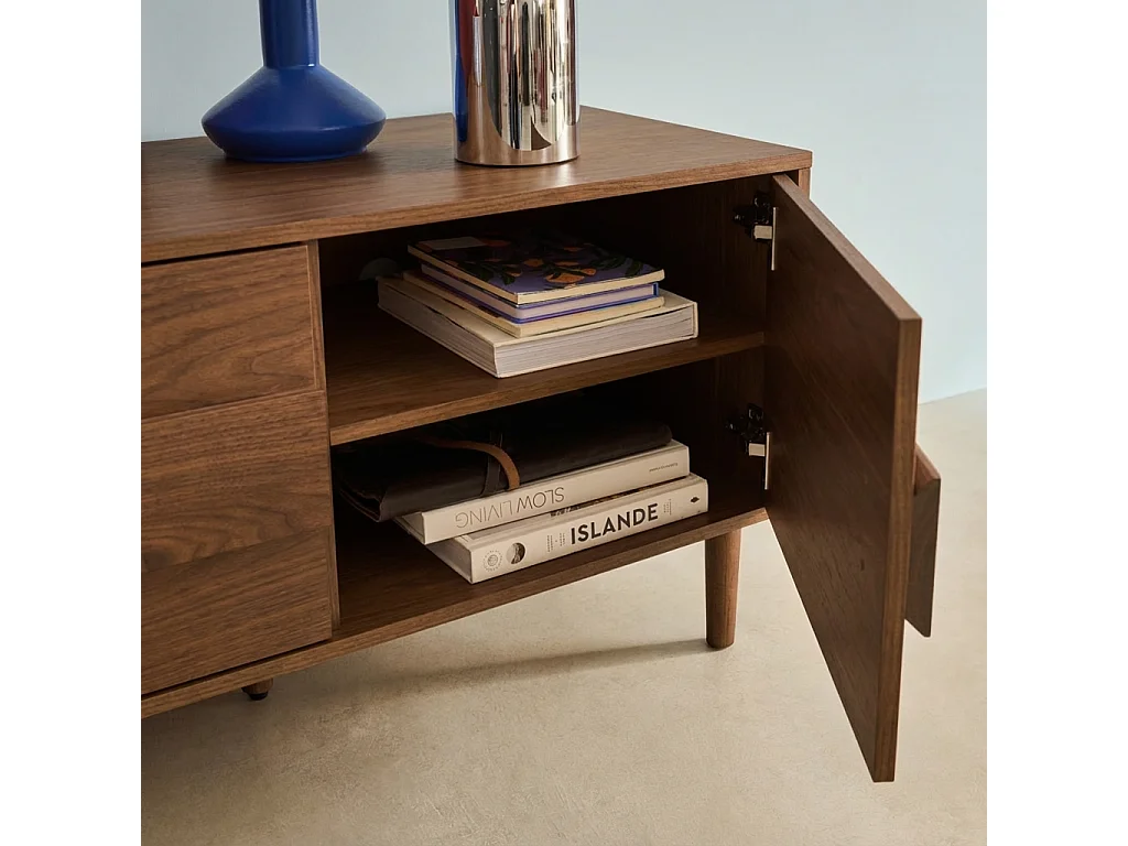 Meuble TV vintage décor bois de noyer 3 portes 150cm - Juliana