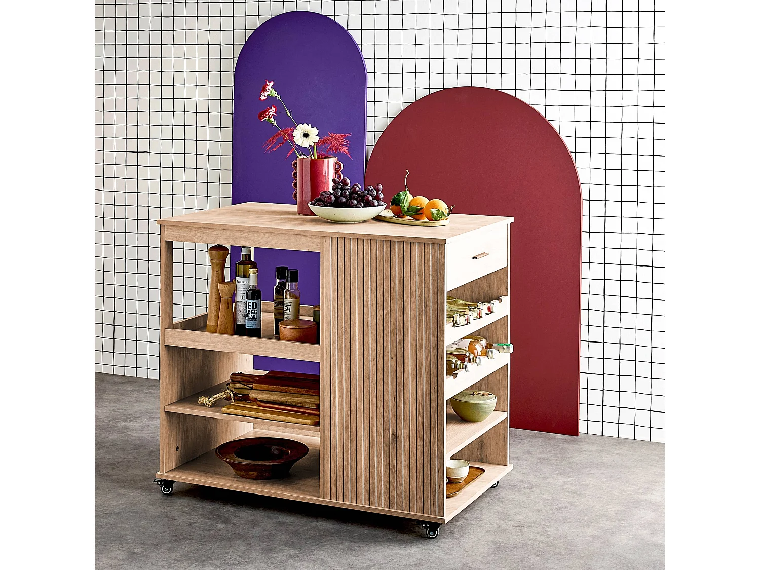 Desserte de cuisine naturelle avec range bouteilles. BATZ. 5 étagères. avec roulettes. 100 x 60 x 89 cm