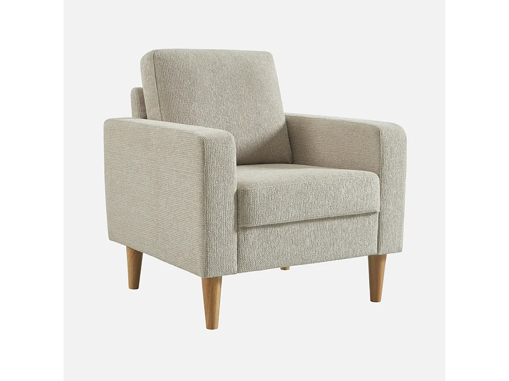 Sillón de madera de hevea y tela de chenilla beige