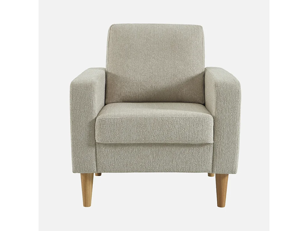 Sillón de madera de hevea y tela de chenilla beige