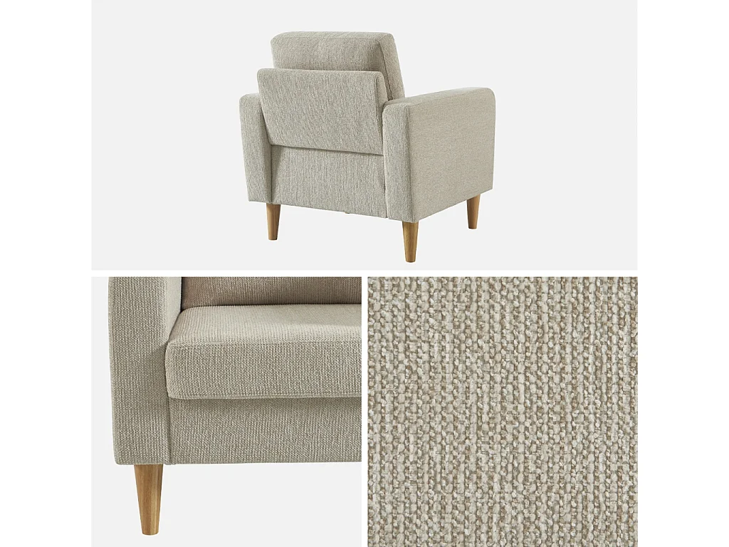 Sillón de madera de hevea y tela de chenilla beige