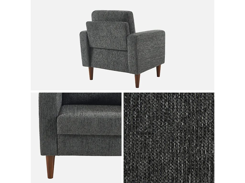 Sillón de madera de hevea y tela de chenilla gris oscuro