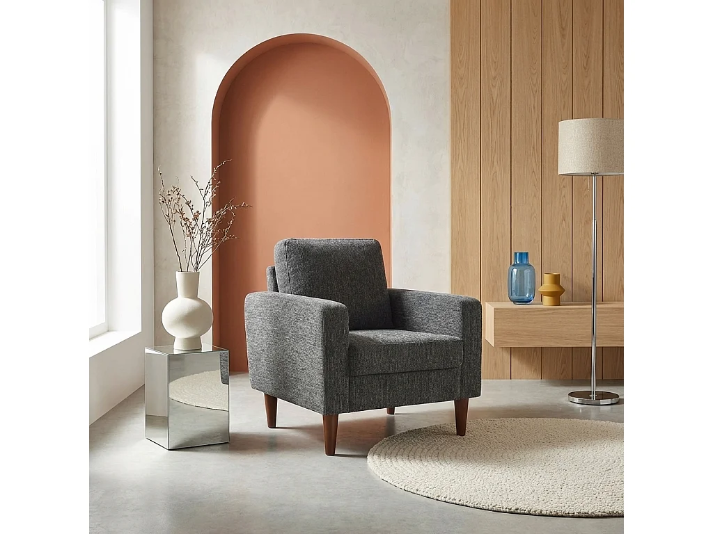 Sillón de madera de hevea y tela de chenilla gris oscuro