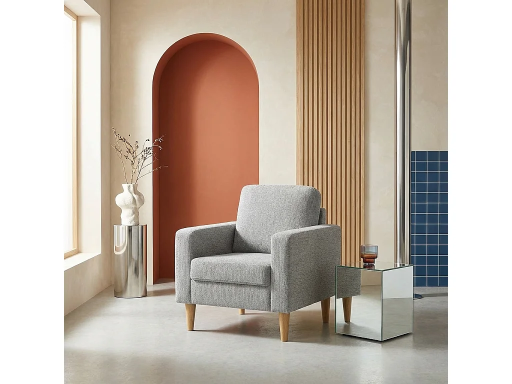 Fauteuil bois d'hévéa et tissu chenille gris clair - Bjorn