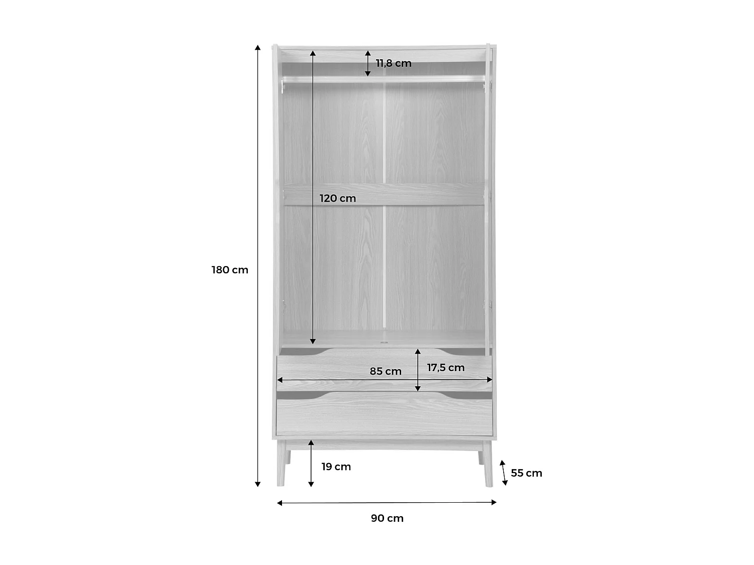 Armoire dressing vintage effet frêne 2 portes. 2 tiroirs. 1 tringle