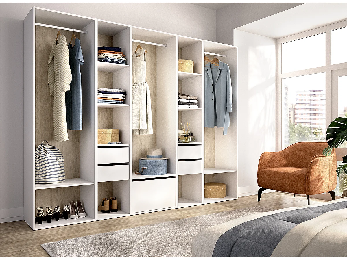 Armoire dressing ouverte avec fond arrière réversible, 3 penderies avec 3 tringles,4 tiroirs et 1 porte chaussures, coloris blanc/naturel