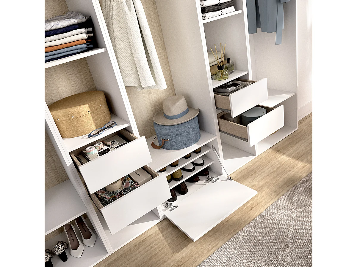 Armoire dressing ouverte avec fond arrière réversible, 3 penderies avec 3 tringles,4 tiroirs et 1 porte chaussures, coloris blanc/naturel