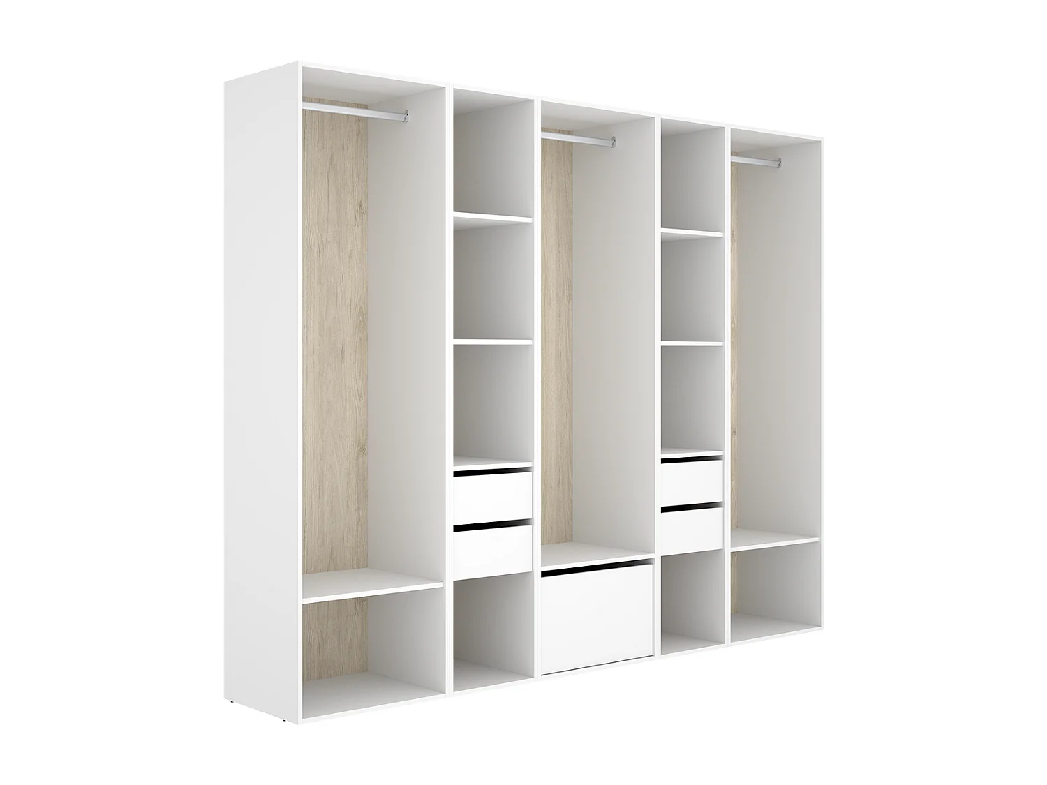 Armoire dressing ouverte avec fond arrière réversible, 3 penderies avec 3 tringles,4 tiroirs et 1 porte chaussures, coloris blanc/naturel